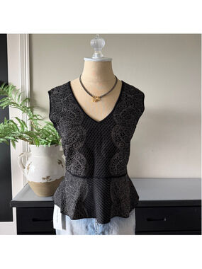 BCBG Max Azria Bandage Peplum Top Black Beige V-Neck Size L Stretchy Chic